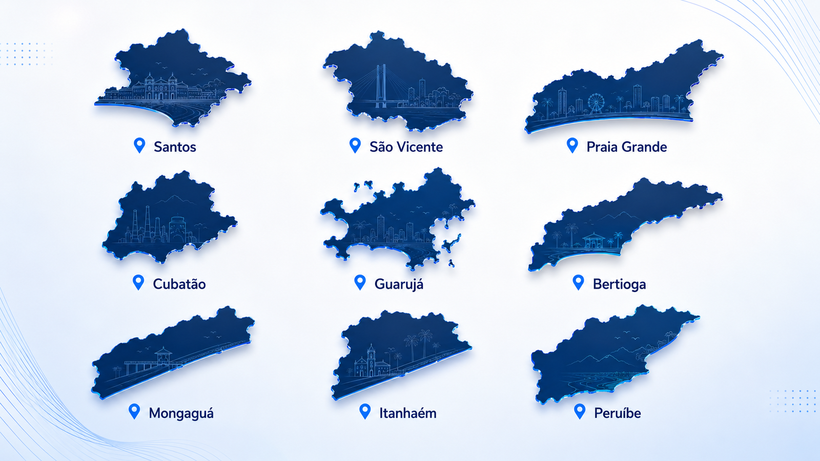 Mapa ilustrado da área de atendimento com Santos, São Vicente, Praia Grande, Cubatão, Guarujá, Bertioga, Mongaguá, Itanhaém e Peruíbe